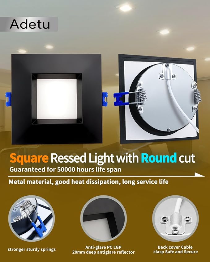 Adetu 4 Inch Anti-Glare LED Downlight,Dimmable Ceiling Light with 5CCT Reset,Selectable from 2700K to 5000K - 12W 1080LM, ETL Certified (Black, 1 Pack Square)