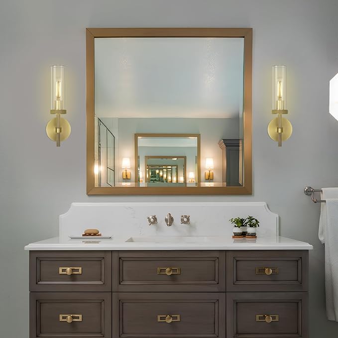 Brass knurled Wall Sconces Set of Two, 14" Sconces Wall Lighting Indoors, Gold Bathroom Vanity Wall Sconces, Wall Lights for Living Room Bedroom Hallway Kitchen Bathroom Mirror Including Bulb