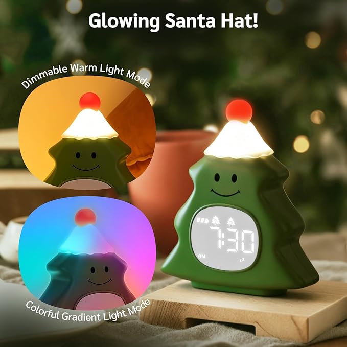 Yiliaw Kids Alarm Clock with Night Light, Christmas Tree Wake Up Clock, Rechargeable Cute Alarm Clock for Bedroom, for Boys and Girls, Green