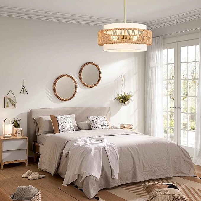 19.7" Boho Rattan Chandelier, 4-Light Large Rattan Pendant Light with Fabric Shade, Boho Drum Ceiling Hanging Light Fixture for Dining Room, Living Room, Kitchen Island, Hallway, Foyer