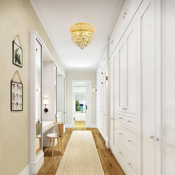 3-Light Crystal Flush Mount Chandelier Ceiling Light Fixture for Living Room Dining Room Bedroom Foyer Entryway Hallway Closet Bathroom (Gold D10)