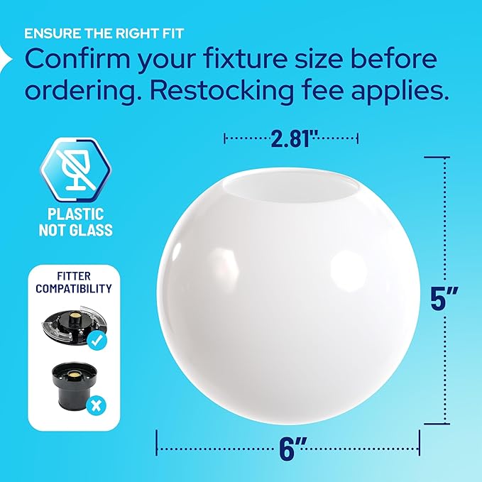 KASTLITE 6" White Acrylic Lamp Post Globe | Smooth Textured with 2.81" Neckless Opening | Manufactured in the USA | Plastic Light Cover - Not Glass