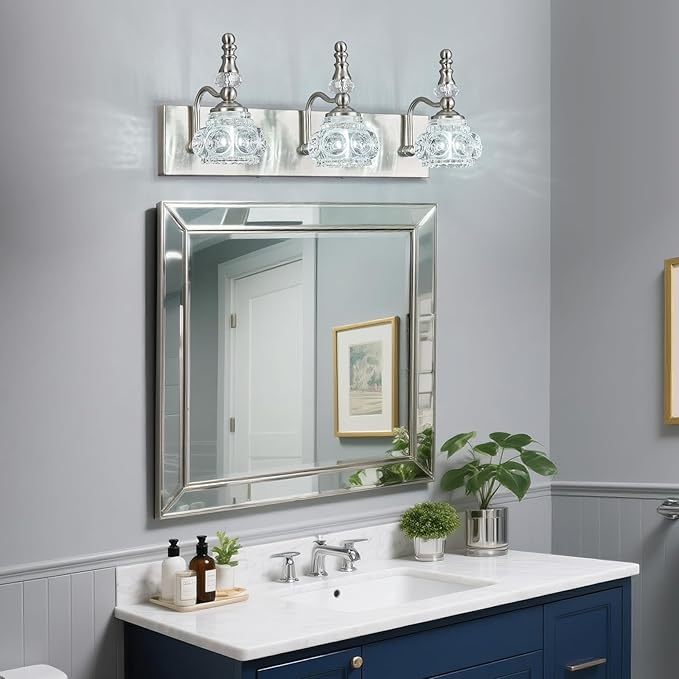 Modern Glass Crystal Vanity Light - Vintage Bathroom Lighting Fixtures Over Mirror, 3 Light Vanity Lights G9 Bulb (19.68 Inch, Nickel)