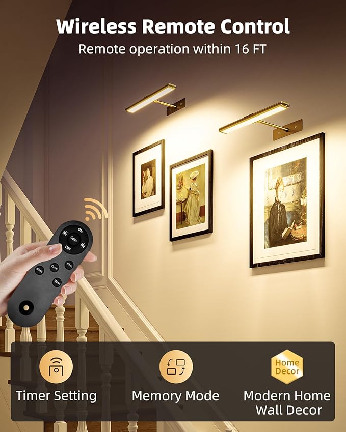 EZVALO Picture Light for Wall, 16inch Wireless Remote, 4800mAh Rechargeable Battery, 3 Color & Dimmable Magnetic LED Lights for Painting, Living Room, Gallery, Hallway, Bedroom, Dashboard (Gold)