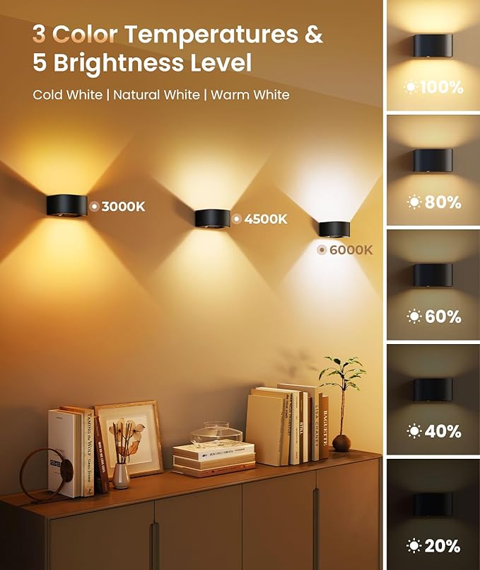 FULEN Motion Sensor Wall Light with Remote Control 3 Colors Wireless Wall Lamp LED Indoor Up and Down Wall Sconce 5000mAh Rechargeable Battery Powered Wall Lamps Brightness Adjustable, Black 2 Pack