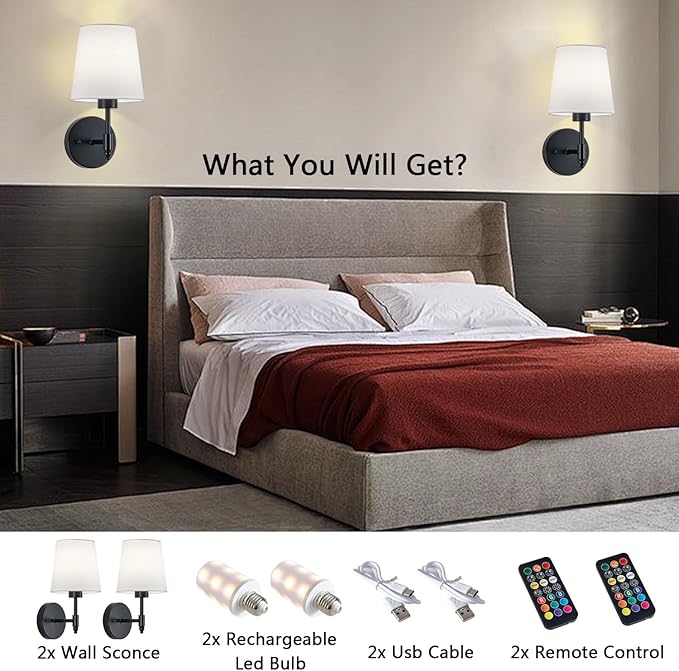 Rechargeable Wall Sconces Set of 2, Black Cordless Battery Operated Sconce with Dimmable LED Bulb and Remote, 13 Colors Wall Lights for Bedroom Living Room Hallway