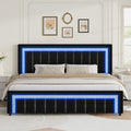 HOMBCK Bed Frame King with LED Lights and Velvet Upholstered Headboard, King Size Bed Frame with Modern Diamond Headboard Adjustable, Wooden Slats Support, Noise Free, No Box Spring Needed, Black
