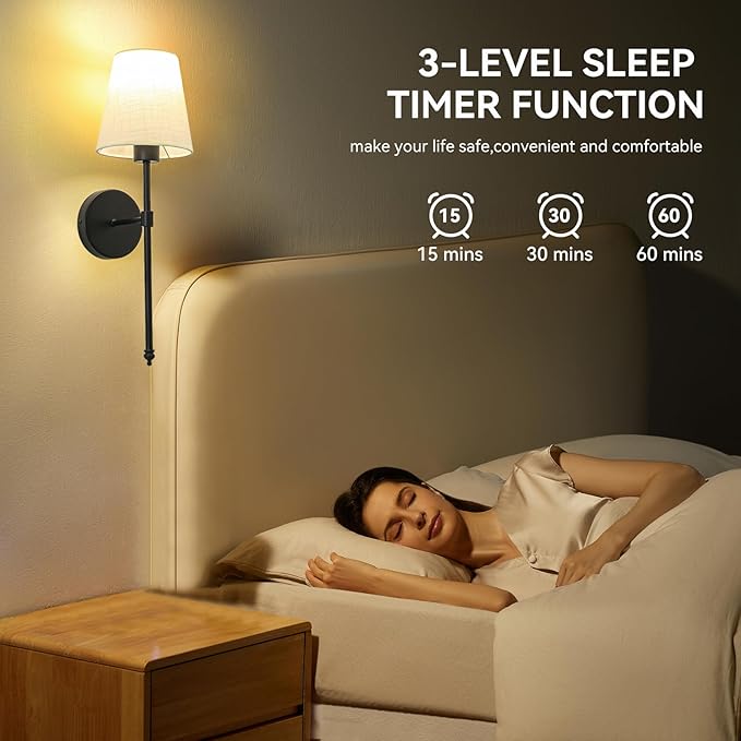 Wall Lights Battery Operated Wall Sconces Set of 2, Rechargeable Wall Sconce with Dimmable Bulbs and Remote, Black Wireless Wall Lamps Battery Powered with Fabric Shade