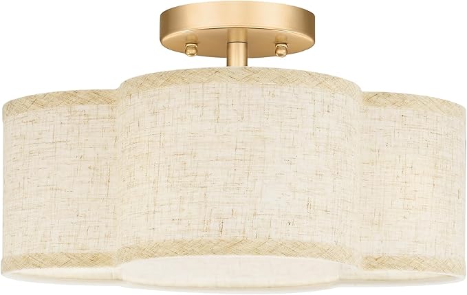 Gold Semi Flush Mount Ceiling Lights, 4-Light 14" Gold Light Fixtures Ceiling Mount with Fabric Shade in Quatrefoil Shape, Drum lighting fixture for Nursery Bedroom Kitchen, AD-22007-4SF-GD-B