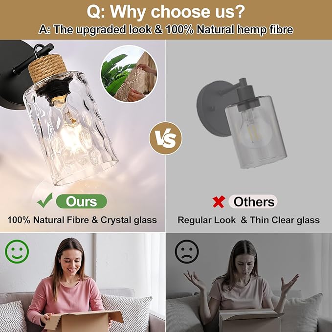 Set of 2 Wall Sconces for Bathroom, Coastal Modern Vanity Lights with Clear Glass Shade, Black Bathroom Wall Lamp for Mirror Kitchen Living Room Hallway Cabinet Porch