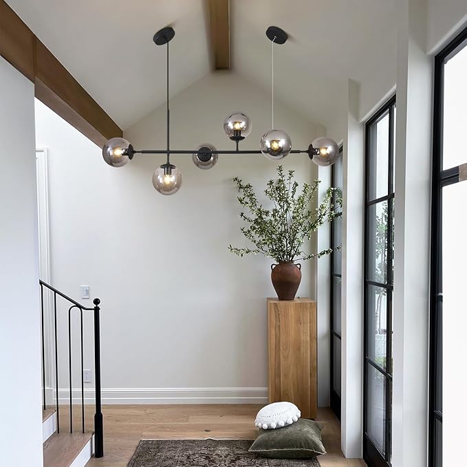 KCO Lighting 6-Light Mid Century Modern Rectangle Sputnik Chandelier Black Farmhouse Linear Chandelier Glass Globe Pendant Light Vintage Kitchen Island Lighting (Black+Smoke Gray)