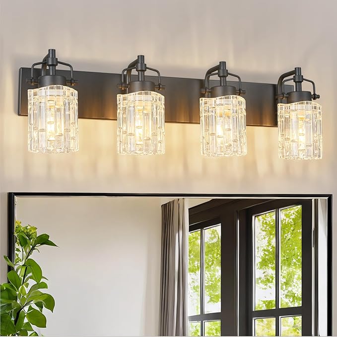Modern 4-Light Vanity Light with Crystal Glass Shade - Black Bathroom Light Fixture Over Mirror
