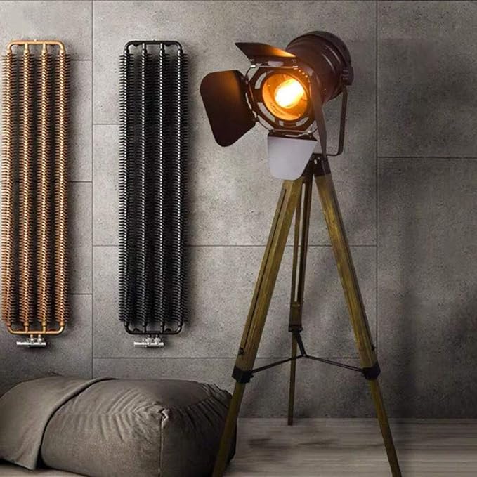 SUNLLOK Vintage Black Wood Tripod Floor Lamp for Living Room, Modern Industrial Metal Nautical Cinema e26 Standing Corner Searchlight - Rustic Reading Adjustable Desk Table Light for Bedroom Office