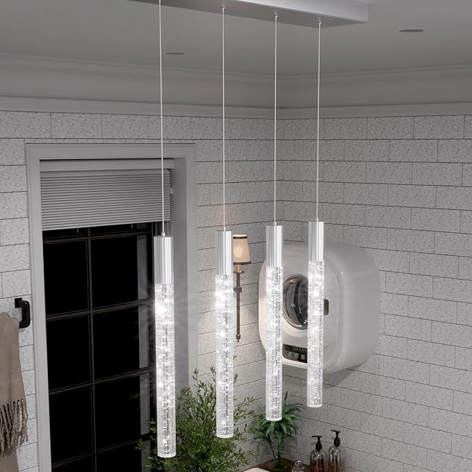 Modern 4-Light Crystal Pendant Chandelier – Rectangular Silver LED Ceiling Light with Cylindrical Crystals for Staircase, Foyer, Living Room, Hallway, Bedroom