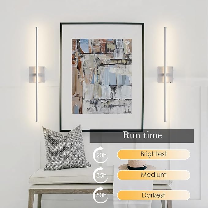 Battery Operated Wall Sconces with Remote Control, Dimmable Wall Sconces Set of Two, 350°Rotate, 3000K LED Nickel Wireless Wall Light for Living Room, Hallway, Bedroom, 24.4 Inch (2 Pack)