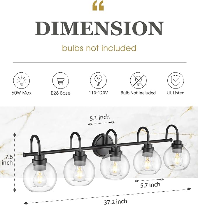 Bathroom Light Fixtures, 5-Light Matte Black Vanity Lights with Globe Clear Glass, 35 Inch Modern Vanity Lighting Fixtures Over Mirror, AD-22280-5W-BK