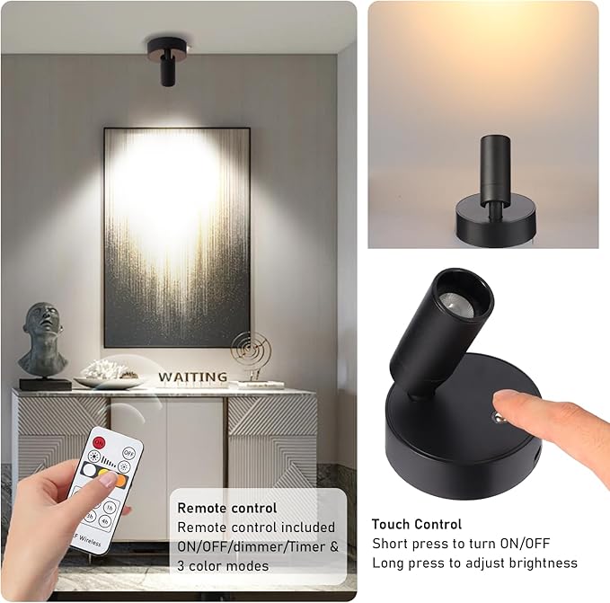 Wireless LED Spotlight, Rechargeable Floor Uplighting Indoor, Battery Operated Picture Light with Remote Timer and Dimmable Accent Spot Lights Stick on Wall Light for Plants Pictures Artwork