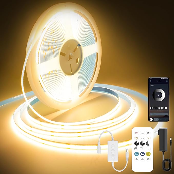 COB LED Strip Lights Warm White,24V Dimmable led Light Strip KIT with Remote and app Control,2700K 24FT/7.5m 8mm Wide Ra>90 Cuttable Flexible Strip Lights for Bedroom,Shelf,Cabinet