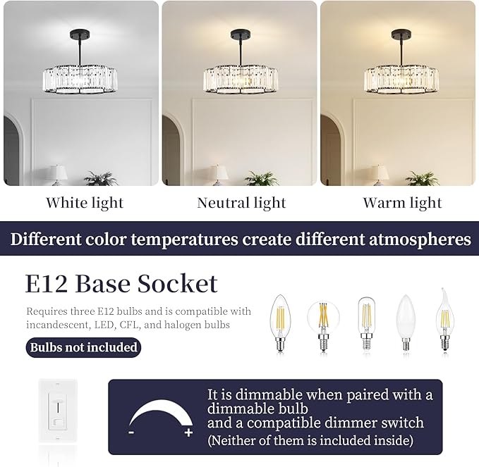 3-Light Black Crystal Chandelier for Dining Room,Modern Semi Flush Mount Ceiling Lighting Fixtures,Round Kitchen Hanging Drum Pendant Lights for Living Room Bedroom Foyer， 16 Inch