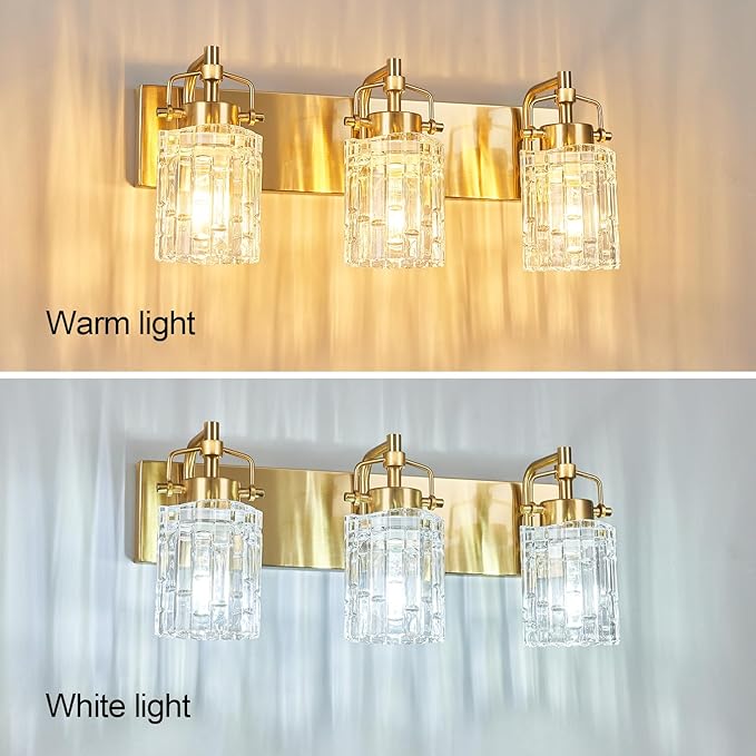 Modern 3-Light Vanity Light with Crystal Glass Shade - Gold Bathroom Light Fixture