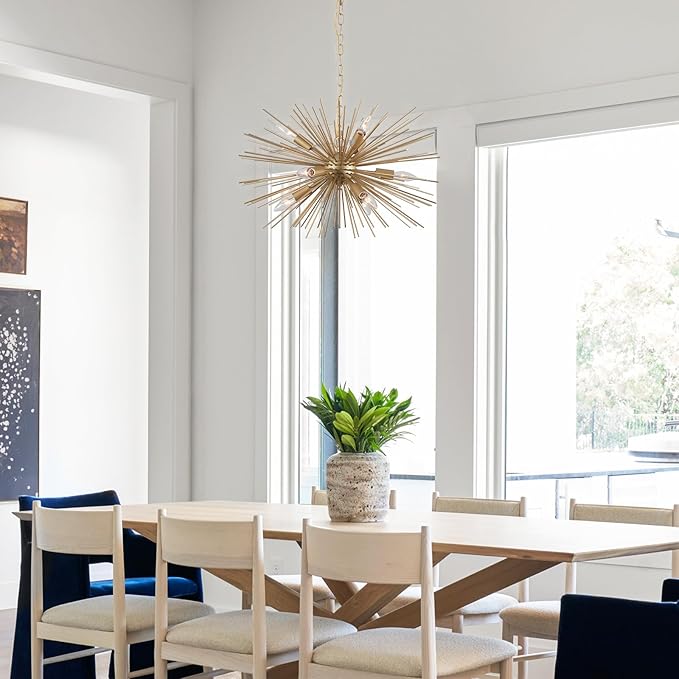 24" Modern Golden Sputnik Chandelier Vintage 9-Lights Geometric Starburst Chandelier Light Fixture Gold Solid Metal Sputnik Chandeliers for Dining Room, Kitchen, Bedroom, Living Room, E12