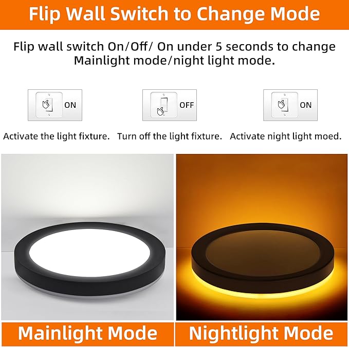 Hlite 7.5 Inch Flush Mount LED Ceiling Light with Night Light, CRI90, 15W, 1500 LM, 3000K/4000K/5000K Selectable, Flat Round LED Ceiling Light, Dimmable Bedroom Lights for Ceiling, Black(1Pack)