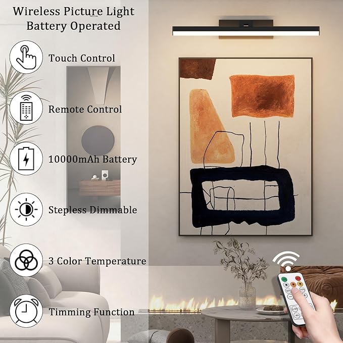 Battery Operated Picture Light15.5Inch with Remote,10000mAh Rechargeable Wireless Picture Light for Wall 3CCT Dimmable Frame Lights for Gallery Painting
