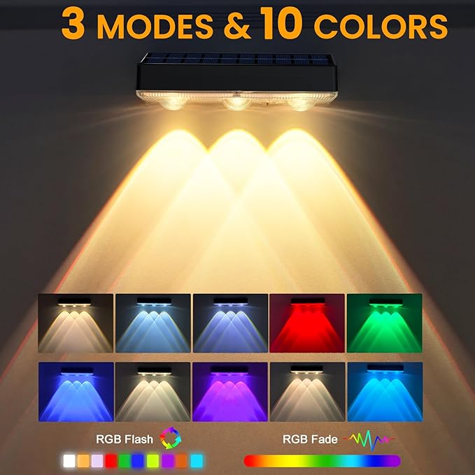Solar Fence Lights Outdoor，Solar Wall Lights Outdoor Warm/Cool White + RGB Color Changing for Wall,Patio,Backyard,Railing Deck,Porchaily&Holiday Decorations (4)