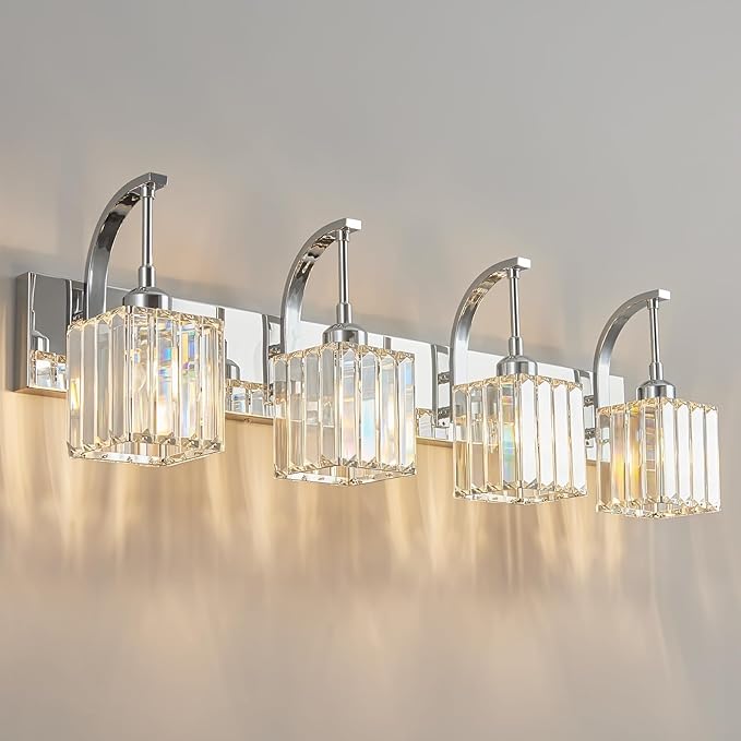 Crystal Vanity Lights 4-Light Chrome Bathroom Vanity Lights Modern Crystal Bathroom Light Fixtures Over Mirror 32.67" Long Vanity Light for Bathroom
