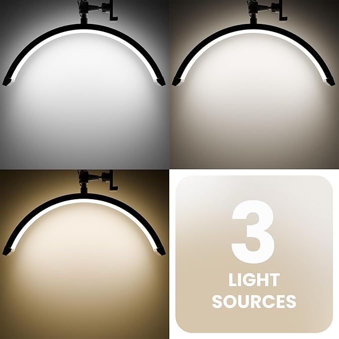 3000 Lm Adjustable LED Half Moon Light with Clamp & Task Lamp - Bright, Dimmable Lighting for Office, Crafts, Nails &Salon, Remote Control (CCT，White)
