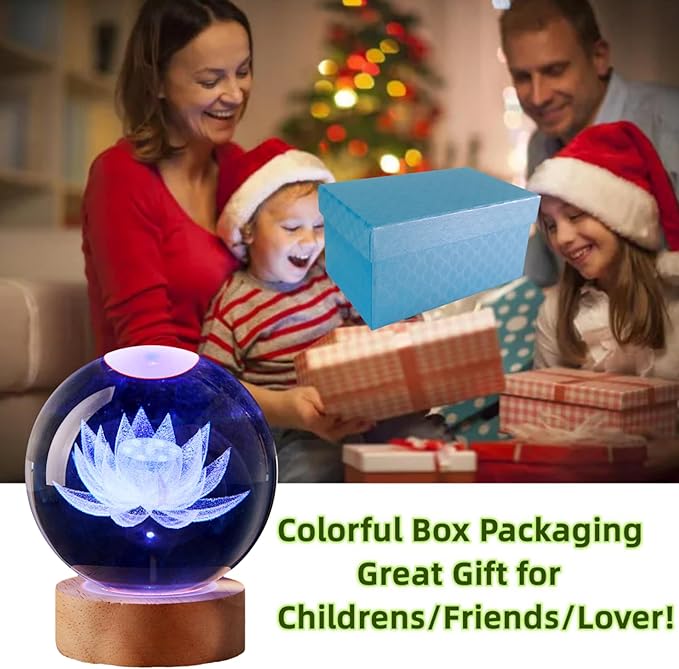 Large Lotus Crystal Ball Night Light with Woodern Base, 3D Lotus Crystal Lamp 16 Color Changing with Remote Control, Laser Engraved Glass Flower Ball Lamp, Room Decor (Love)