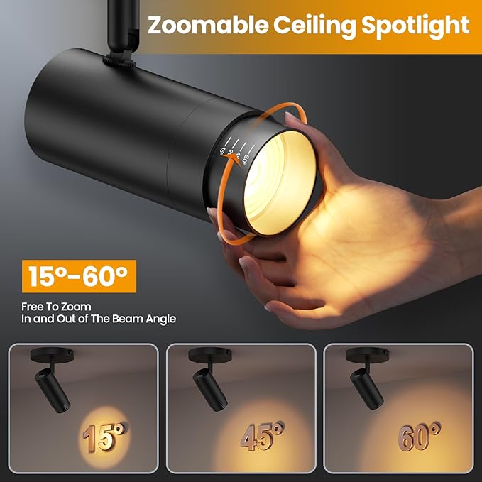 5CCT Flush Mount Ceiling Spot Light Black 15-60° Zoomable 10W Dimmable, 2700K-6000K Adjustable LED Ceiling Spotlight Indoor Directional Lighting for Living Room Bedroom Kitchen, Pack of 2