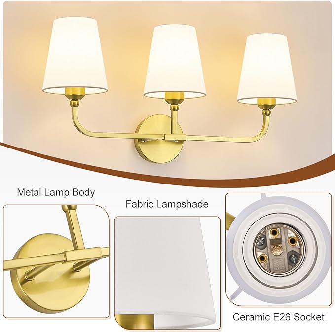 Brushed Gold Bathroom Light Fixtures, 3-Light Vanity Lights, Bathroom Lighting Fixtures Over Mirror with Flared White Fabric Shade,Modern Wall Sconce for Mirror Hallway Bedroom Living Room(ETL Listed)