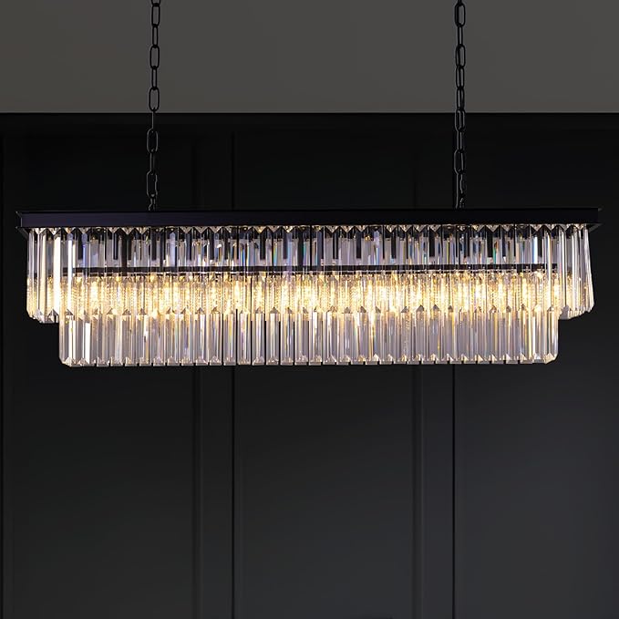 Rectangle Dining Crystal Chandelier, L39 Hanging Pendant Light with Adjustable 59" Wire, K9 Crystals, E12 Bulbs Base, Modern Ceiling Light Fixture for Kitchen Island