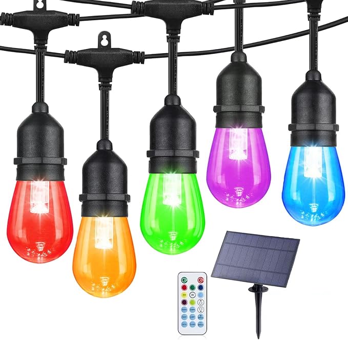 48FT Solar Outdoor String Lights, 15 Shatterproof Edison LED Bulbs, Dimmable RGB Color Changing Patio Lights with 8 Modes & Remote, Waterproof Commercial Grade for Garden, Yard, Party