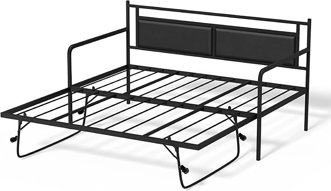 VINGLI Twin Daybed with Pop Up Trundle,Sofa Day Bed with LED Light & Charing Station,Pull Out Bed with Steel Slat Support & Upholstered Headboard, Platform Bed Frame, Black