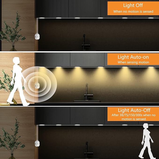 LED Under Cabinet Light Motion Sensor, 6-Pucks 3-Color Auto-Off Under Counter Light Warm White Natural Night LED Lights for Kitchen Bedroom, Home Office,Storage Room,Living Room with 5V Adapter