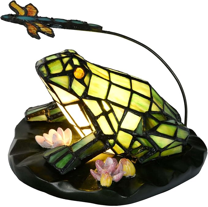 Bieye L12014 Frog Table Lamp Tiffany Style Stained Glass Accent Night Light for Home Décor Nursery Bedside (Staring at Dragonfly)