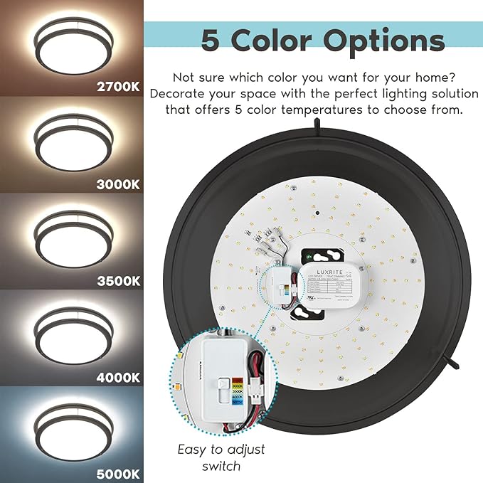 LUXRITE 18 Inch LED Flush Mount Ceiling Light, 5 Color Selectable 2700K | 3000K | 3500K | 4000K | 5000K, Dimmable, Modern Ceiling Light Fixture, 24W, 2160 Lumens, Energy Star, ETL Listed, Matte Black
