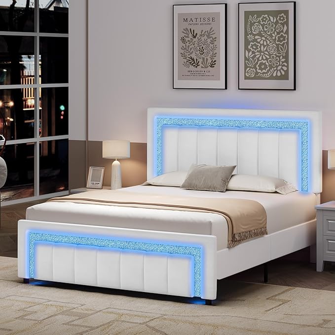 HOMBCK Full Bed Frame with LED Lights and Velvet Upholstered Headboard, Bed Frame Full Size with Modern Diamond Headboard Adjustable, Wooden Slats Support, Noise Free, No Box Spring Needed, White