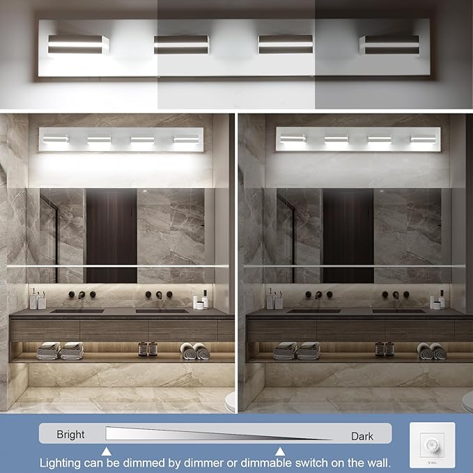 SineRise LED Modern Bathroom Vanity Light Fixtures (4-Light, 30-Inch, Dimmable), Matte White Modern Acrylic Bathroom Wall Lighting Fixtures Over Mirror (Cool White 6000K)