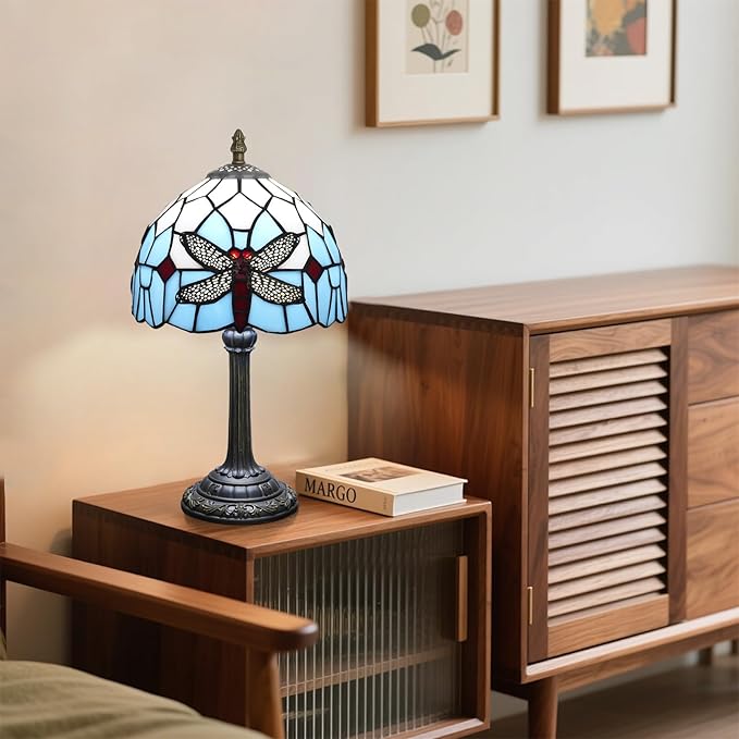 Tiffany Table Lamp Blue Dragonfly Stained Glass Bedside Lamp Antique Unique Cute Accent Nightstand Light for Home Living Room Office Dormitory Bar Decorate
