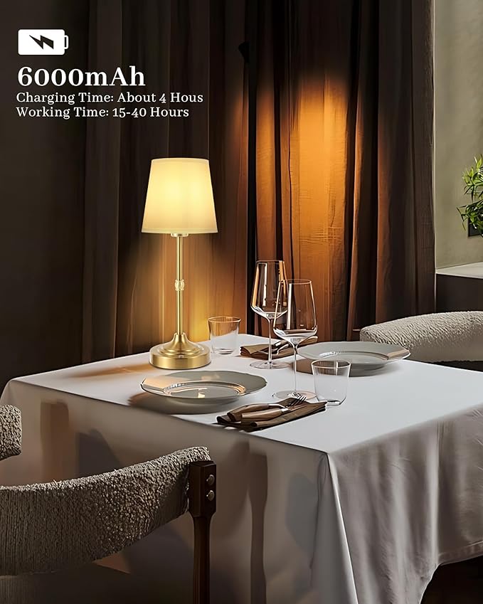 Portable LED Table Lamp, Rechargeable Cordless Desk Lamp with Fabric Shade, 6000mAh Battery Powered Besides Lamp, Stepless Dimmable, 2700K Warm Ambient Light for Indoor Outdoor (Gold)