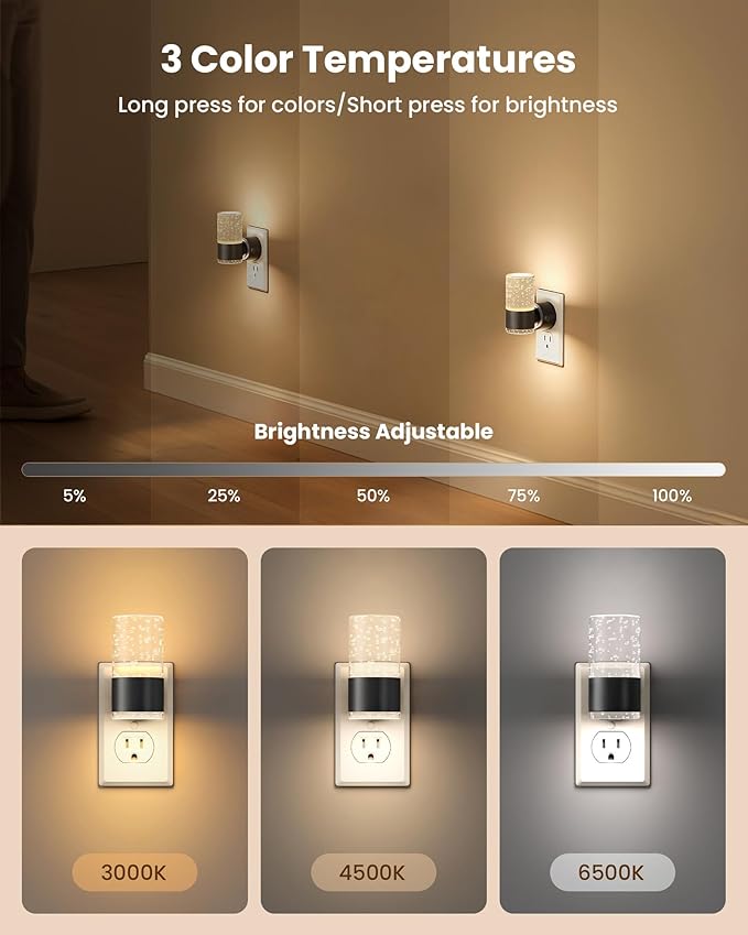 VOLISUN LED Night Lights Plug into Wall, Dimmable Night Light 3 CCT & 5 Brightness Levels, Acrylic Bubble Nightlight with Dusk to Dawn Sensor for Hallway, Bathroom, Stair, Nursery Black 4 Pack