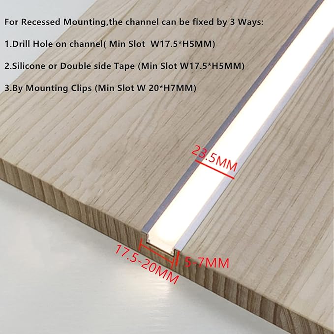 Recessed LED Strip Channel Diffuser 8-Pack 6.56FT,23.5X7MM Tape Aluminum Track with Flange,Flush Mounted Wardrobe Bookcase Wine Cabinet Groove Intergrated Low Profile (6.56FT, Silver, 8)