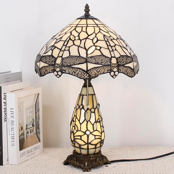 Tiffany Lamp Stained Glass Table Lamp 12X19 Inches Mother Daughter Vase Desk Accent Night Light for Bedroom Bedside Reading Home Antique Style (Ream Color)
