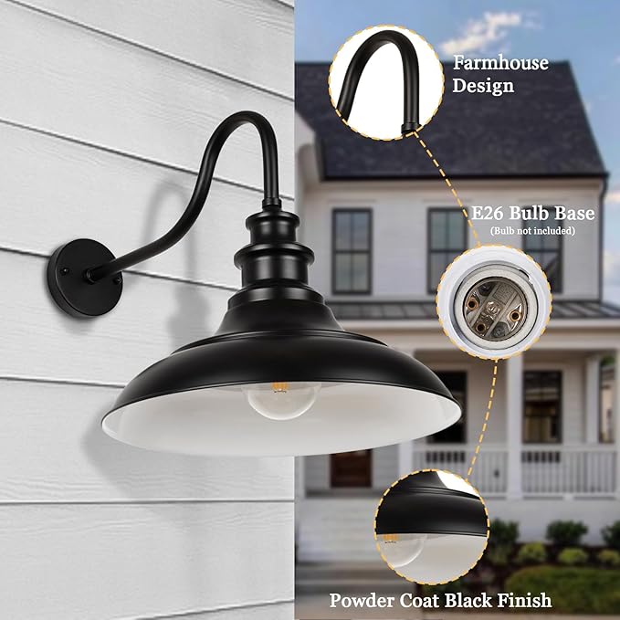 Exterior Farmhouse Barn Light, 16 Inch Vintage Outside Garage Light Fixtures, 2PCS Anti-Rust Waterproof Outdoor Light for Patio Frontdoor Entryway Doorway, Matte Black