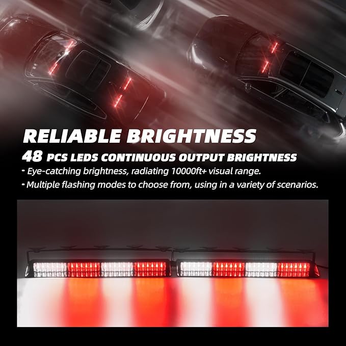 Red/White 2 in 1 Firefighter Emergency Dash Strobe Light Bar, Front/Rear 48LEDs Interior Windshield Visor Safety Flashing Warning Hazard Lights for Volunteer Fire Ambulance Trucks Vehicles