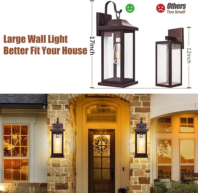 2-Pack 17 Inch Large Bronze Outdoor Light Fixtures, Exterior Vintage Outdoor Wall Sconces IP65 Waterproof Anti-Rust, Porch Lights with Clear Glass Outside Rustic Wall Lanterns E26 Bulb Base
