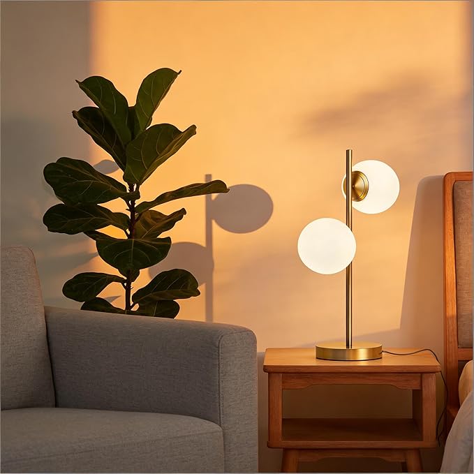 Mid-Century Modern Globe Table Lamp with 2 LED Bulbs - Gold Nightstand Light for Bedroom, Contemporary Decor Lamp for Living Room & Office
